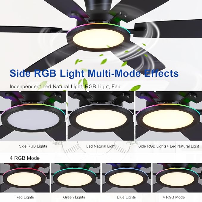 55in Black Flush Mount Ceiling Fan - RGB Low Profile Ceiling Fan Light with Remote-APP, Dimmable and 3CCT, Modern Fan with RGB Light for Indoor and Covered Outdoor