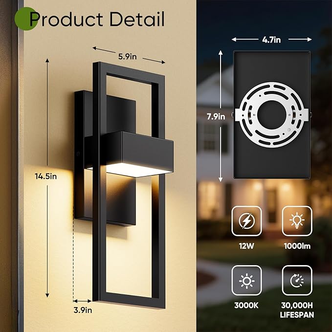 BesLowe 14.5” Modern Outdoor Wall Lights, 3000K LED Exterior Lighting Fixtures Wall Mounted, Porch Lights Outdoor Wall Sconce Lamps, Black Outdoor Lights for House Front Door Garage Patio, 2-Pack