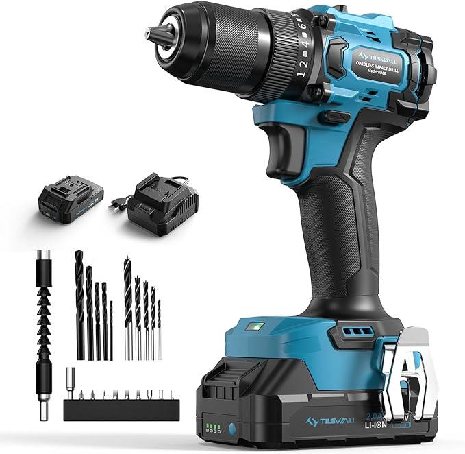 Tilswall 20V Cordless Drill, Power Drill with 65N.m High Torque, 18+1 Torque Settings, 1/2-Inch Keyless Chuck, Two Variable Speed, Battery and Charger, with LED for Craftsmen DIY