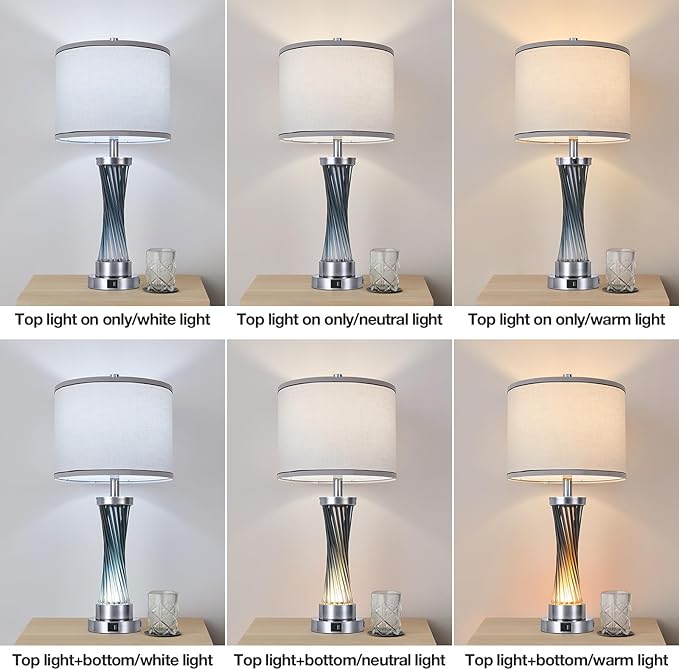 3-Way Dimmable Table Lamp Set of 2,Touch Control Lamp with Night Light,Modern Blue Crystal Table Lamps for Bedroom,Living Room，Bedside Lamps with USB A+C Ports，Fabric Lampshade(Blubs Included)