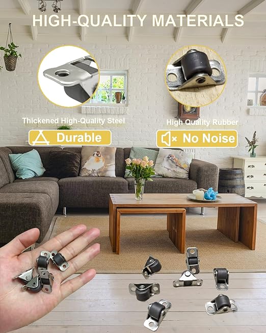 24PC Mini Caster Wheels Low Profile, 1/2 Inch Single Direction Tiny Wheels, Little Rubber Rolling Wheels with Steel Top Plate for Small Appliances, Furniture, DIY (Non Swivel)