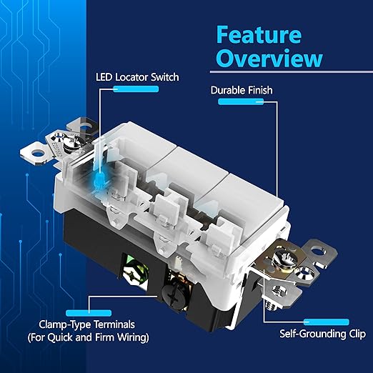 LIDER Minimalist Design Matte Finish Lighted Triple Switch with Screwless Wall Plate, Combination Frameless Decorator Switch with Locator Light, Ground Terminal Single Pole, 15A 120V, UL Listed, White