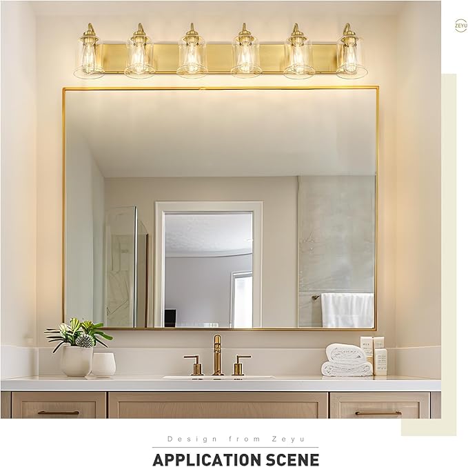 zeyu 44 Inch Brushed Gold Bathroom Light Fixtures, 6 Lights Vintage Wall Light, Modern Vanity Light with Clear Glass Shade, ZSL72B-6W BG