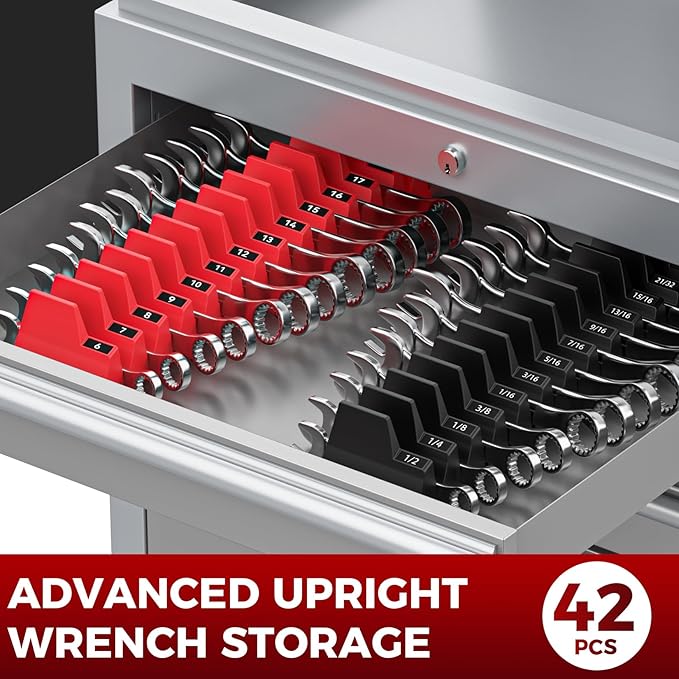 42PCS Magnetic Modular Wrench Organizers for Tool Drawers - Black & Red - Wrench Rack with Metric & SAE Labels, Customizable Magnet Tool Storage Holder for Tool Box Organization