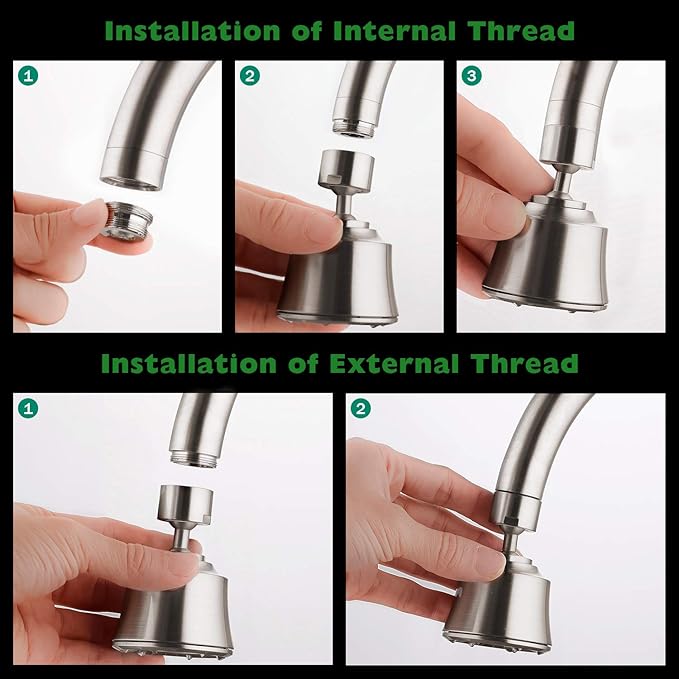 Houtingmaan Kitchen Sink Faucet Aerator with 2 Ball Joint, Big Angle Swivel Sprayer Head Replacement with 4 Spray Models, 55/64-27UNS Famale Thread - Brushed Nickel