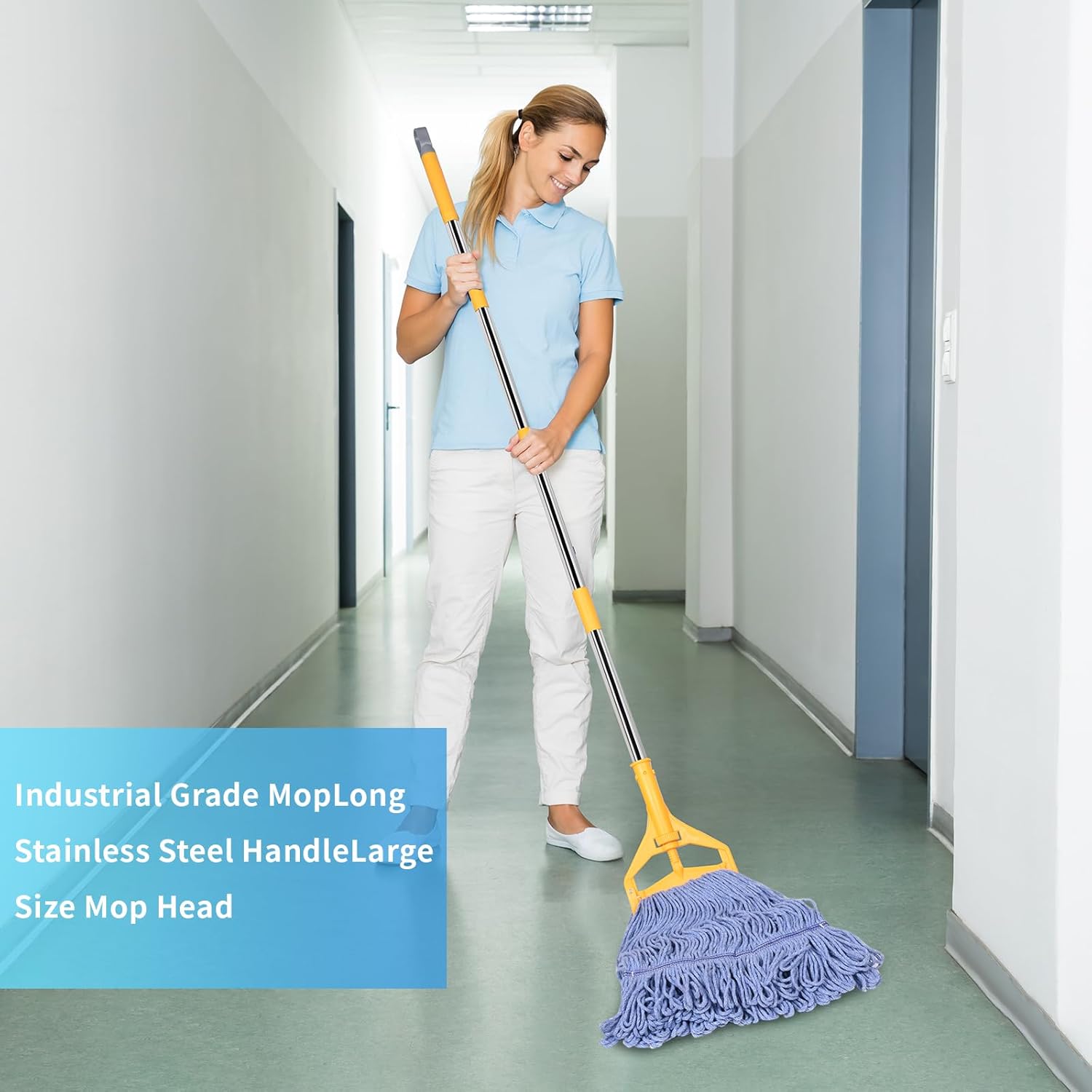 Commercial Mop, 63Inch Handle Heavy Duty Industrial Mop Looped-End String Wet Mops for Floor Cleaning for Warehouse, Workshop, Garage, Office, Home, Deck(1 Mops Head)