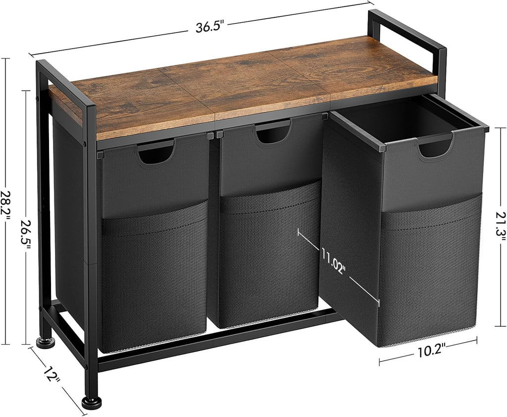 Lulive Laundry Hamper, Laundry Basket Organizer with 3 Pull-Out Removable Bags & Large Top Shelf, 3 × 12.5 Gal (142L) Freestanding Laundry Sorter 3 Sections for Laundry Room, Bathroom and Dorm