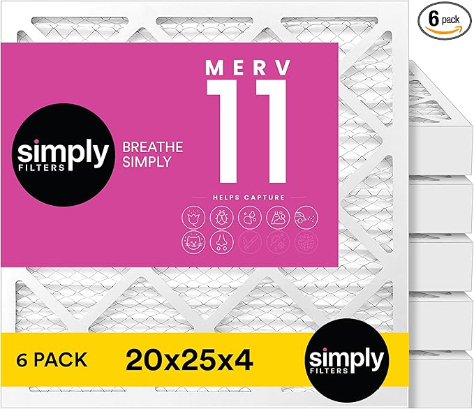 Simply 20x25x4 Air Filter, MERV 11, MPR 1000, 6 Pack, Furnace Air Filter for HVAC (Actual Size:19.5"x24.5"x3.63") DUST, Pet, & Allergy Control