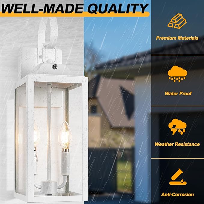 White Dusk to Dawn Outdoor Wall Lantern 2-Light, 19" Large Outside Modern Wall Sconce Light Fixture, Industrial Porch Light Wall Mount with Glass, Waterproof Farmhouse Exterior Lamp Lighting