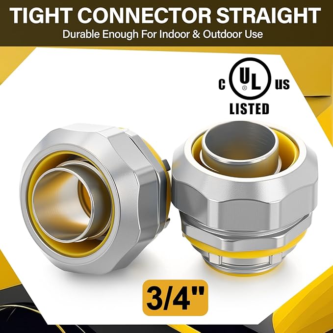 Gisafai 5 pcs Liquid Tight Connector Straight Insulated Zinc Die Cast Metal Tight Electrical Conduit Fittings for 3/4 inch Flexible and Type B Flexible