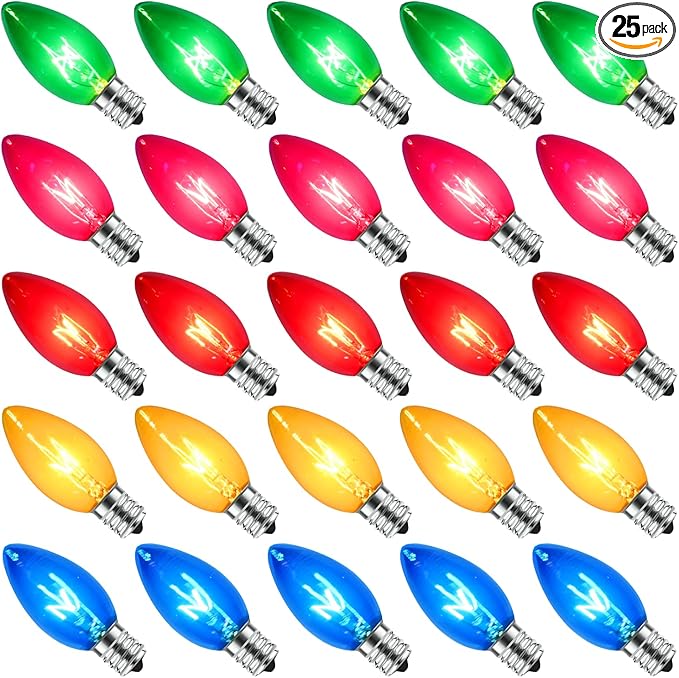 25 Pack C9 Replacement Bulbs Clear Multicolor Christmas Lights, C9 Colorful Light Bulb (Red, Blue, Green, Yellow, Pink) for Hanging Vintage Christmas Lights Outdoor, 7W, 120V