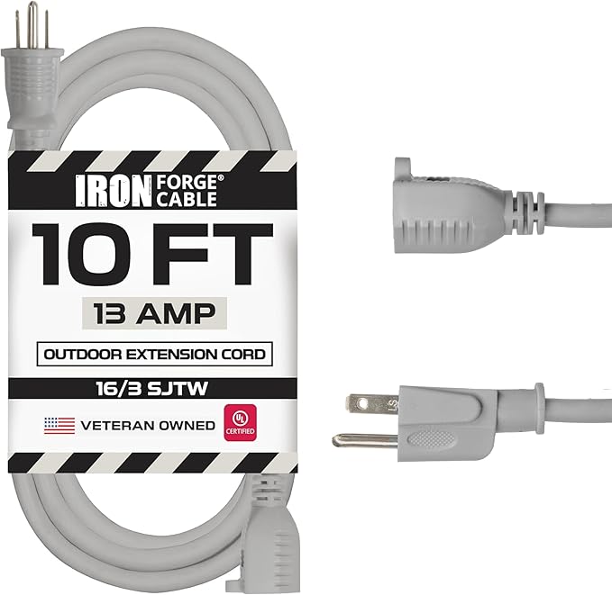 Iron Forge Cable Gray Outdoor Extension Cord 10 ft, 16/3 SJTW 10 Foot Grey 3 Prong Extension Cord Outdoor & Indoor, Weatherproof 13 Amp Heavy Duty Power Cable
