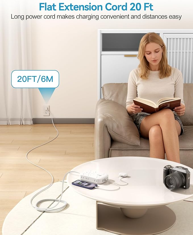 2100J Surge Protector Flat Plug Extension Cord 20 FT with 12 AC Outlets 6 USB Ports 5V/4.8A 24W, 20Ft Long Braided Thin Cord Wall Mount Long Charging Station for Travel Home Office College Dorm