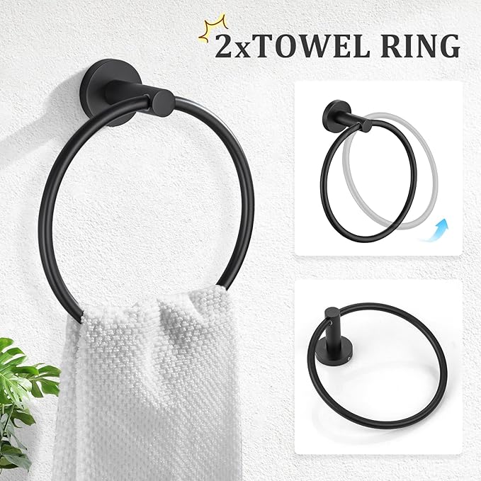 TURS Matte Black 8 Pieces Bathroom Hardware Set, SUS304 Stainless Steel 24 Inch and 20 Inch Bath Towel Bar Set, Round Bathroom Accessories Kit Wall Mounted Towel Holder