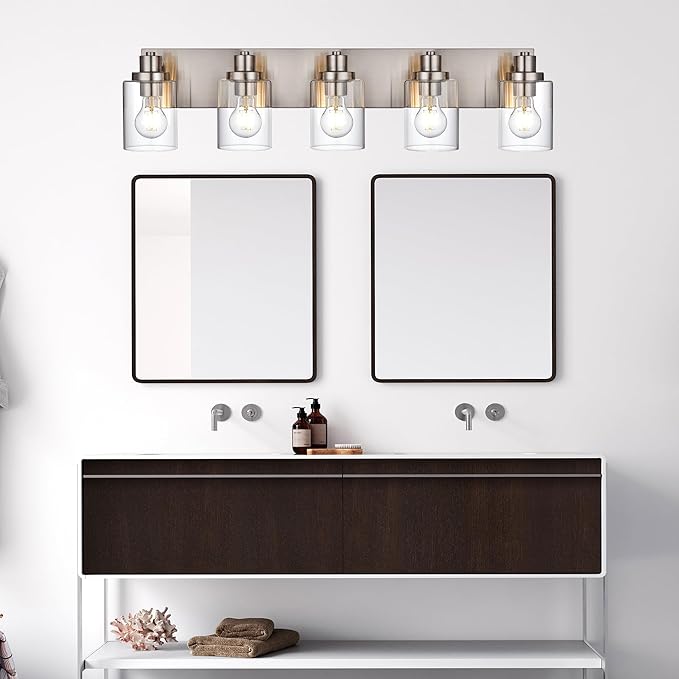 5 Light Brushed Nickel Vanity Lights Bathroom Lighting Fixtures Over Mirror, Modern Bathroom Lights with Clear Glass Shade, Farmhouse Vanity Wall Sconces Lighting for Bedroom Living Room