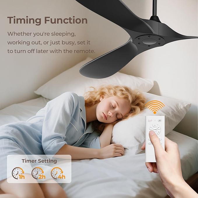 60 Inch Ceiling Fan Without Lights, Black | Outdoor Ceiling Fan with Remote, 6-Speed Adjustable Reversible DC Motor for Patio & Living Room
