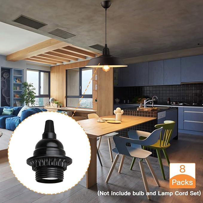 8 Pack E26 E27 Light Sockets, Black Medium Screw Base with Shade Ring, Retro Period Style Edison Lamp Holder, Replacement DIY Making Light Bulb Socket Cover Pendant Lamp Holder Keyless Lamp