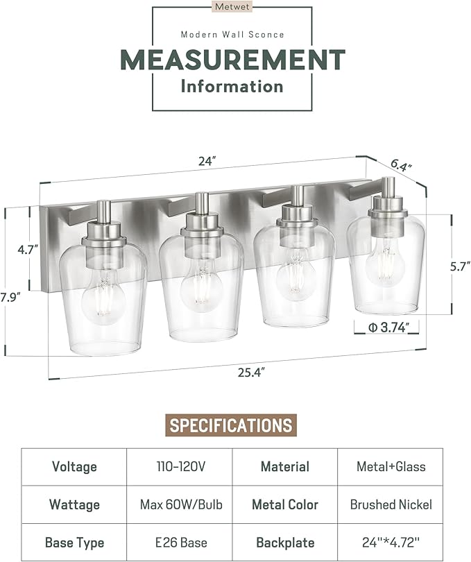 Bathroom Light Fixtures, 4-Light Modern Vanity Light with Clear Glass Wine Glass-Shaped Shade, Vanity Lighting Fixtures Over Mirror, Brushed Nickel, VL155-BN-4