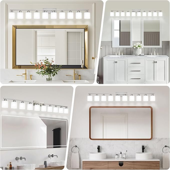 Brushed Nickel Bathroom Vanity Light for Giant Mirror, 10 Light Brushed Nickel Vanity Lights, 65 inch Wall Lamps for Bedroom for Mirrors with Milky White Frosted Glass Shades, E26