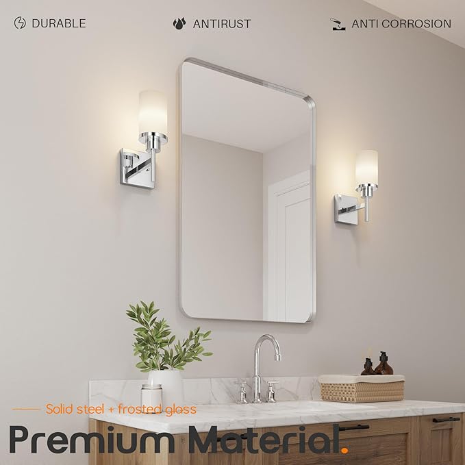 Vanity Lights Polished Chrome Bathroom Light Fixtures with White Frosted Glass Shade, Wall Sconces for Mirror Hallway Entrance, 2 Pack T001CH-L1-P2