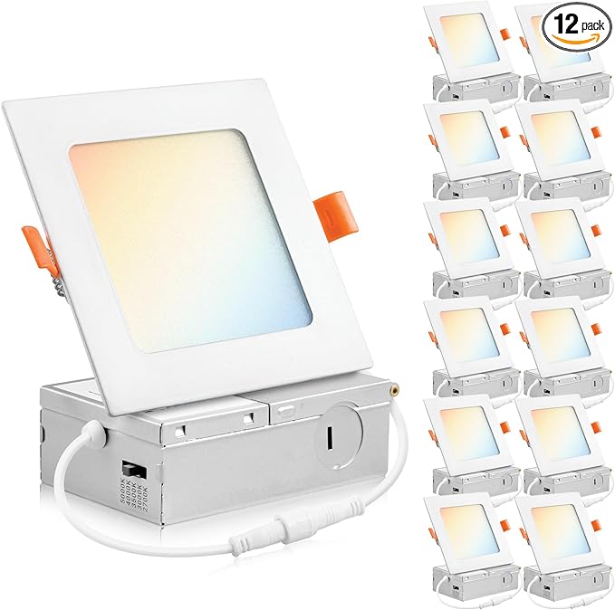 PARMIDA (12 Pack) 4 Inch Square 5CCT Ultra Thin LED Recessed Lighting with Junction Box, 2700K/3000K/3500K/4000K/5000K 5 Color Selectable, 9W, Dimmable, Canless Wafer Slim Panel Lights, IC Rated, ETL