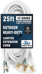 25 ft - 12 Gauge Heavy Duty Extension Cord - 3 Outlet Lighted SJTW - Indoor/Outdoor Extension_Cord by Watt's Wire - 25' 12-Gauge Grounded 15 Amp ExtensionCord