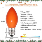 C7 Multicolor Christmas Light Bulbs, 25 Pack C7 Multicolor Ceramic Replacement Bulbs Vintage Incandescent Light Bulb for Christmas String Lights, E12 Candelabra Base- 5 Watts
