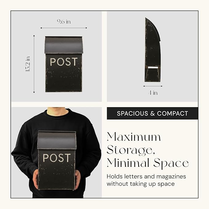 NACH Mailboxes for Outside Wall Mount, 15 x 9.5 x 4 inches, Rustic Black Wall Mounted Mailbox and Newspaper Holder, Waterproof Mailbox for Door - The Rustic Milano Mailbox