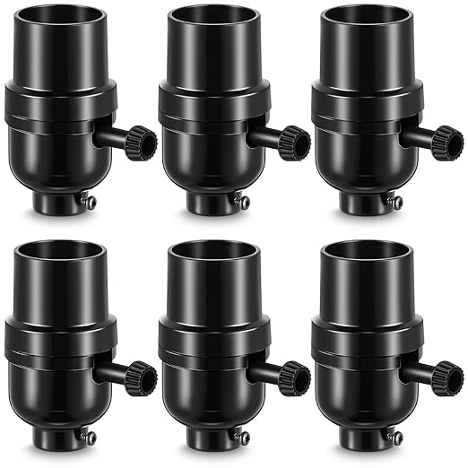 6 Pcs 3 Way Lamp Socket Replacement, UL Listed, E26 Medium Base, Turn Switch Knob for Low-Medium-High Light Settings Light Socket Lamp Parts for Repair Table and Floor Lamps DIY Project, Black