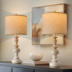 BOBOMOMO 24" Farmhouse Resin Table Lamp Set of 2, Vintage Lamps for Living Room Bedroom with Linen Shades, Traditional Rustic Bedside Lamps Retro Table Lamps for Living Room, Bedroom, Office