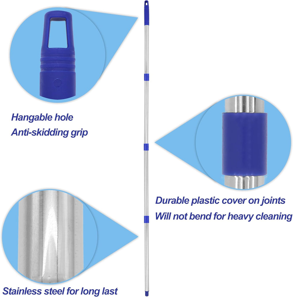 Cotton Cloth Mop, 4 Section Stainless Steel Pole + Two Cotton String Mop Heads White