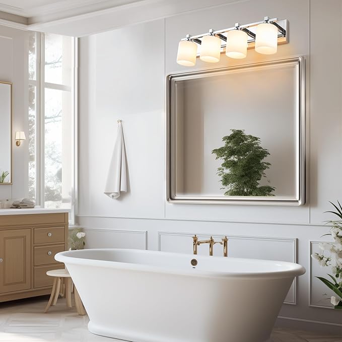 4 Light Modern Bathroom Light Fixtures Over Mirror, Chrome Vanity Lights for Bathroom Wall Sconces with Milky White Glass Shades, E26 Socket (Bulbs Not Included)