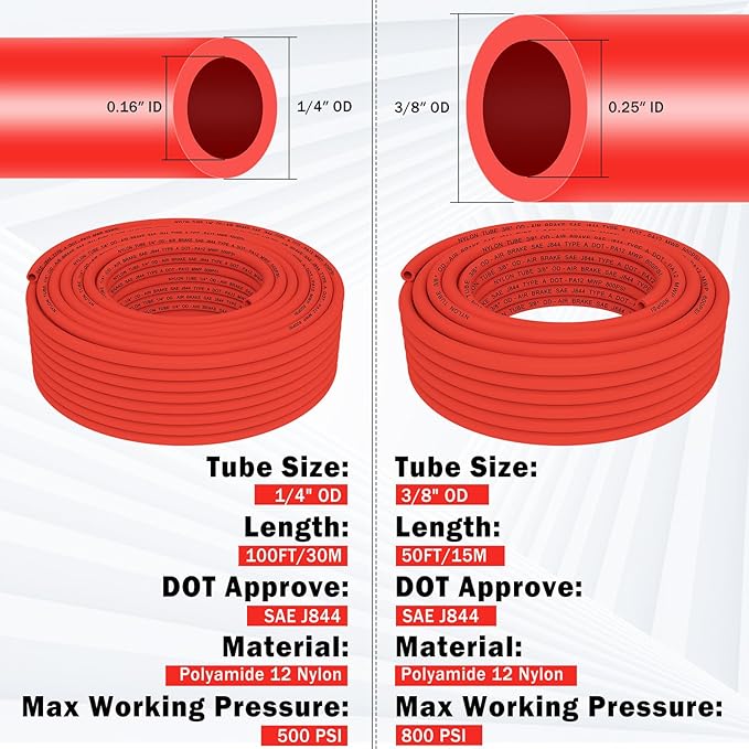 CheeMuii 76 PCS Brass DOT Air Line Fittings with 100FT 1/4" and 50FT 3/8" Red DOT Air Lines Kit Push Lock Air Line Quick Connect Fittings with Pneumatic Tubing Set