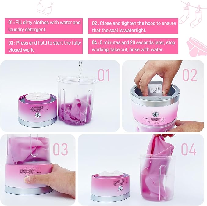 Portable Mini Washing Machine | Compact Deep Cleans Underwear, Baby Clothes, Small Laundry | Lightweight for Apartment, Dorm, Hotel, Travel & Camping | Quiet Energy-Efficient (Pink)