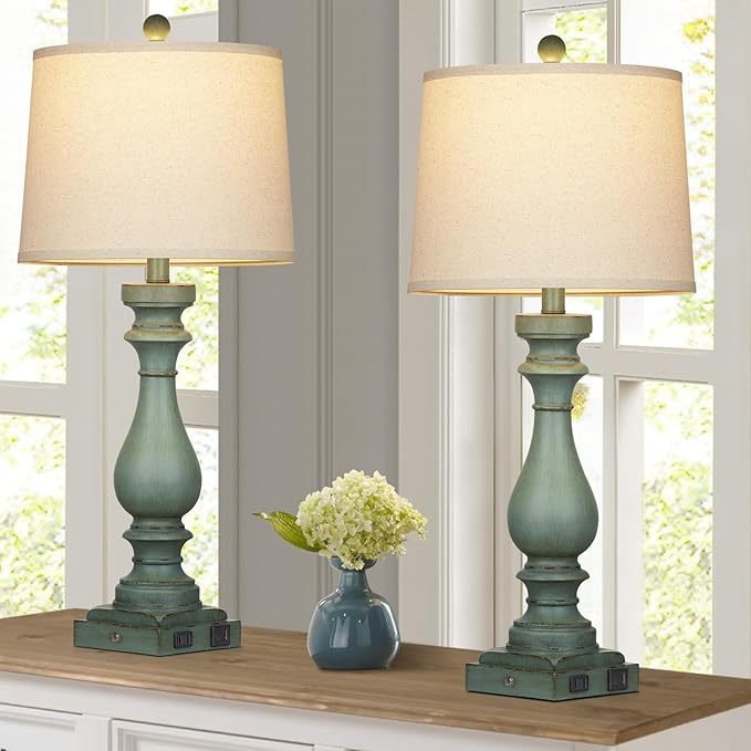29" Tall Table Lamp for Living Room Set of 2,Vintage Bedside Nightstand Lamps with USB C+A Ports & AC Outlet,3-Way Dimmable Touch Control Retro Green Desk Lamp for Bedroom,Color 4
