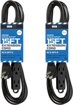 Iron Forge Cable 2 Pack 15 ft Flat Plug Black Extension Cord with 3 Outlets - 16/3 SJTW 3 Prong Indoor Extension Cord with Multiple Outlets