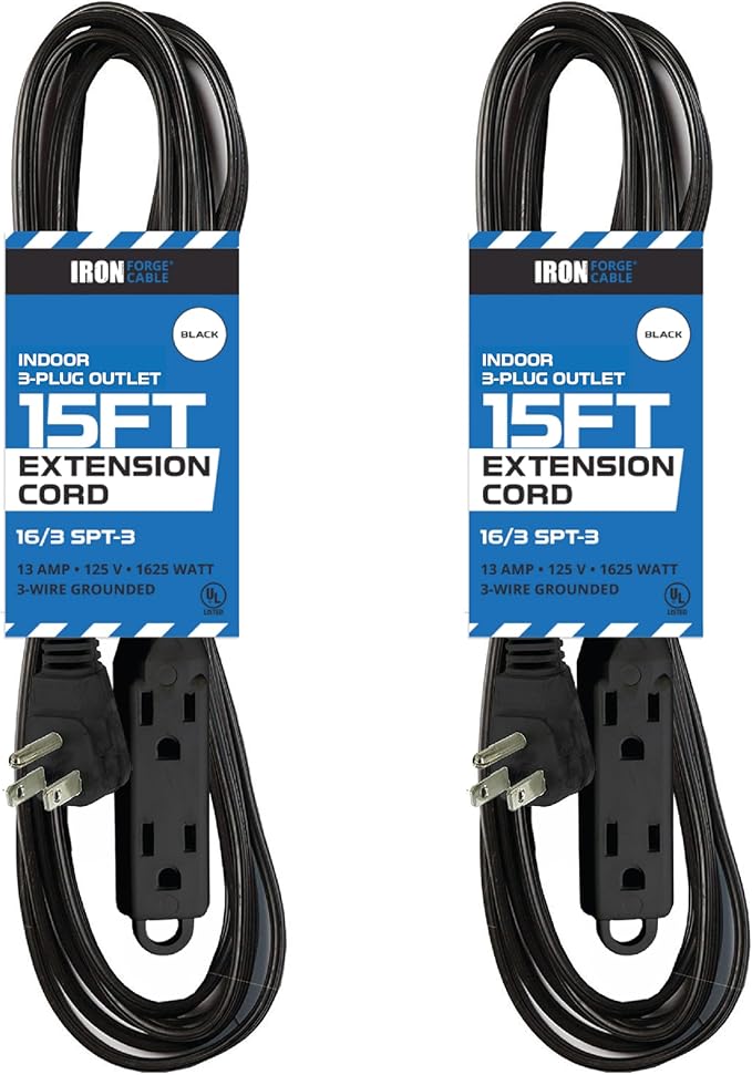 Iron Forge Cable 2 Pack 15 ft Flat Plug Black Extension Cord with 3 Outlets - 16/3 SJTW 3 Prong Indoor Extension Cord with Multiple Outlets