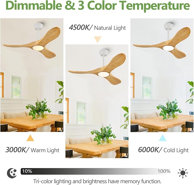 42-Inch Natural Wood Ceiling Fan with Lights, Remote Control, Dimmable, Reversible, Wood Blades, Power-Off Memory, Quiet DC Motor – Modern outdoor Ceiling Fan for Living Room, Bedroom, Patio