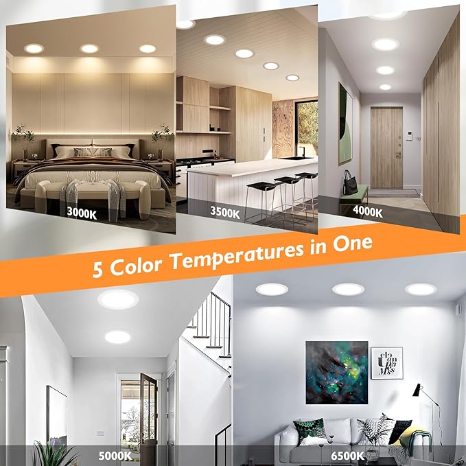 BesLowe 6 Packs 8 Inch 5CCT LED Recessed Ceiling Lights Ultra-Thin with Junction Box, 12W 150W Eqv, 3000K/3500K/4000K/5000K/6500K, 1200LM Dimmable Canless Downlights for Kitchen Hallway Dining Room