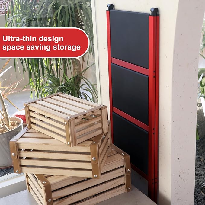 3 Step Ladder,Aluminum Ultra Thin Folding Step Stool,400 Lbs Capacity Heavy Duty with Anti-Slip Sturdy and Wide Tread,Closet Slim Step for Home,Kitchen and Office,Space Saving (Red, 3-Step)