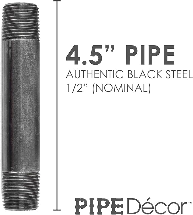 PIPE DÉCOR 1/2" x 4.5" Malleable Cast Iron Pipe Nipple, Pre Cut Connectors, Industrial Steel Grey Fits Standard Half Inch Black Threaded Pipes Nipples and Fittings, Vintage DIY Furniture, 10 Pack