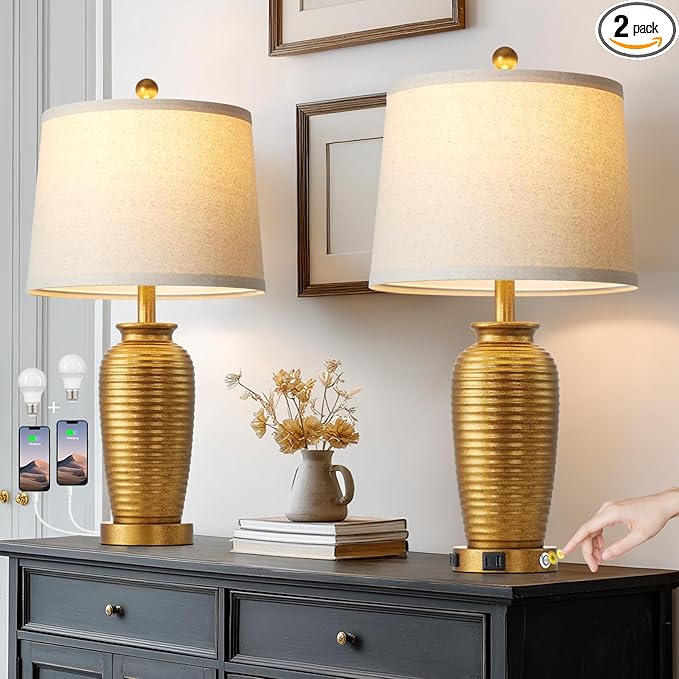 25" Retro Gold Farmhouse Jar Table Lamps Set of 2, 3 Way Touch Control Rustic Bedside Lamps with USB A+C Ports & AC Outlet, Pot Nightstand Lamps for Bedroom Living Room (LED Bulbs Included)