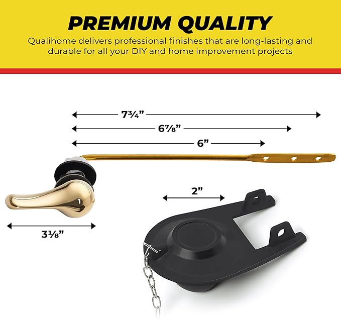 Qualihome Front Mount Brass Polished Gold Toilet Handle Replacement Kit with 2 Inch Universal Toilet Flapper Replacement Kit and Stainless Steel Toilet Flapper Chain