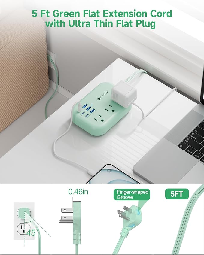 6 USB(3 USB C) Green Travel Power Strip- 5Ft Green Extension Cord with 6 USB Charging Station 24W and 3 Outlets, Cute Desk Accessories for Cruise Travel Kawaii Home Office Dorm Room