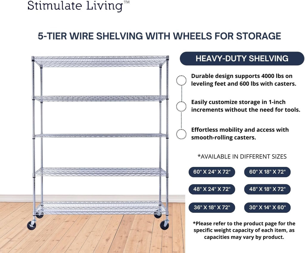 60"x18"x72" PRIME HEAVY DUTY Chrome 5-Tier Wire Shelving 4000 LBS MAX Capacity Storage Rack for Commercial, School, Home, Garage, Warehouse, Industrial, and Hospital Uses (with Wheels)