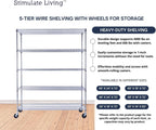 60"x18"x72" PRIME HEAVY DUTY Chrome 5-Tier Wire Shelving 4000 LBS MAX Capacity Storage Rack for Commercial, School, Home, Garage, Warehouse, Industrial, and Hospital Uses (with Wheels)