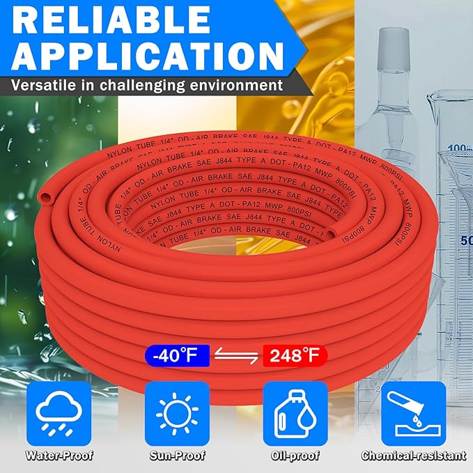 CheeMuii 76 PCS Brass DOT Air Line Fittings with 100FT 1/4" and 50FT 3/8" Red DOT Air Lines Kit Push Lock Air Line Quick Connect Fittings with Pneumatic Tubing Set