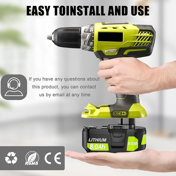 Upgrade 2Pack 8000mAh High Capacity Replacement for Ryobi 18V Battery P108 P104 P105 P102 P103 P122 P109 Li-ION Compatible with All Ryobi 18Volt ONE+ System Cordless Power Tools and Charger