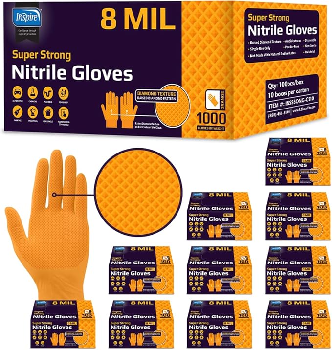 Inspire Heavy Duty Orange Nitrile Disposable Gloves | ULTRA 8 Mil Diamond Textured Grip | Industrial Mechanic Food