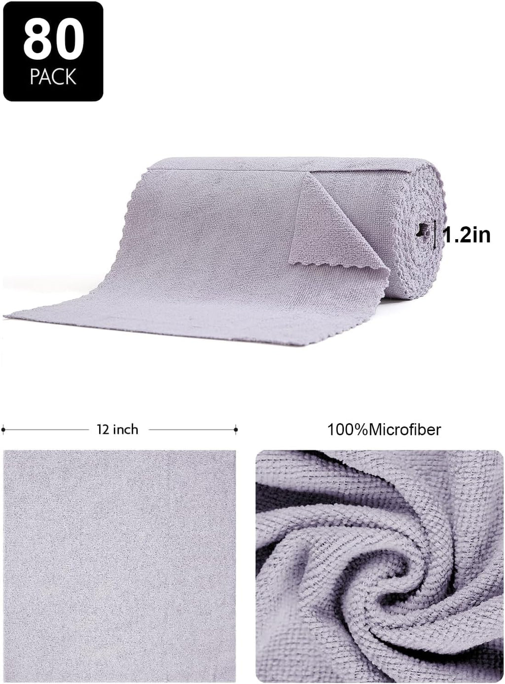 80 Pack Microfiber Cleaning Cloth Roll,Lint Free Rags & Tear Away Reusable Towels Washable Scratch,Ultra Absorbent Dish Rags(12" x 12") for Car Kitchen Home Garage-Light Purple